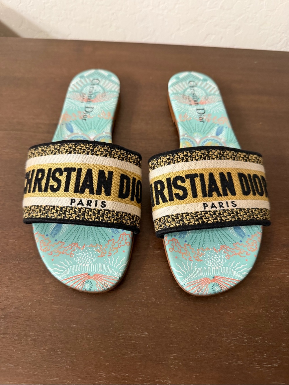 Dior Blue Green Patterned Slide Sandals with Black and Gold Logo Strap
